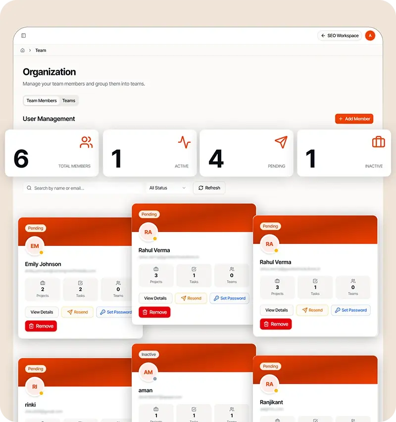 SEO Team Workload Screen Mockup